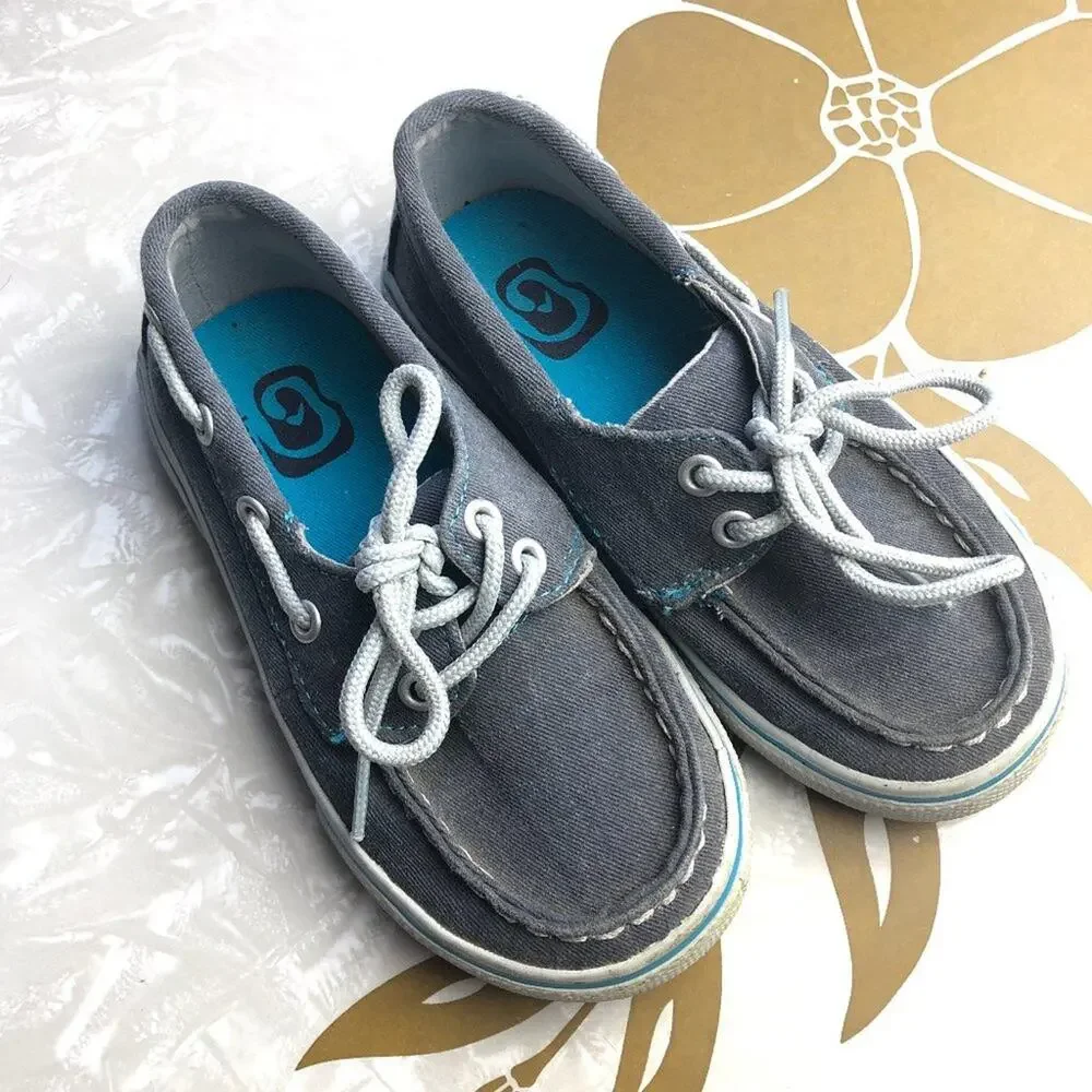 Children's Place Gray White Blue Canvas Slip On Tie Double Eye Boat Loafer Shoes